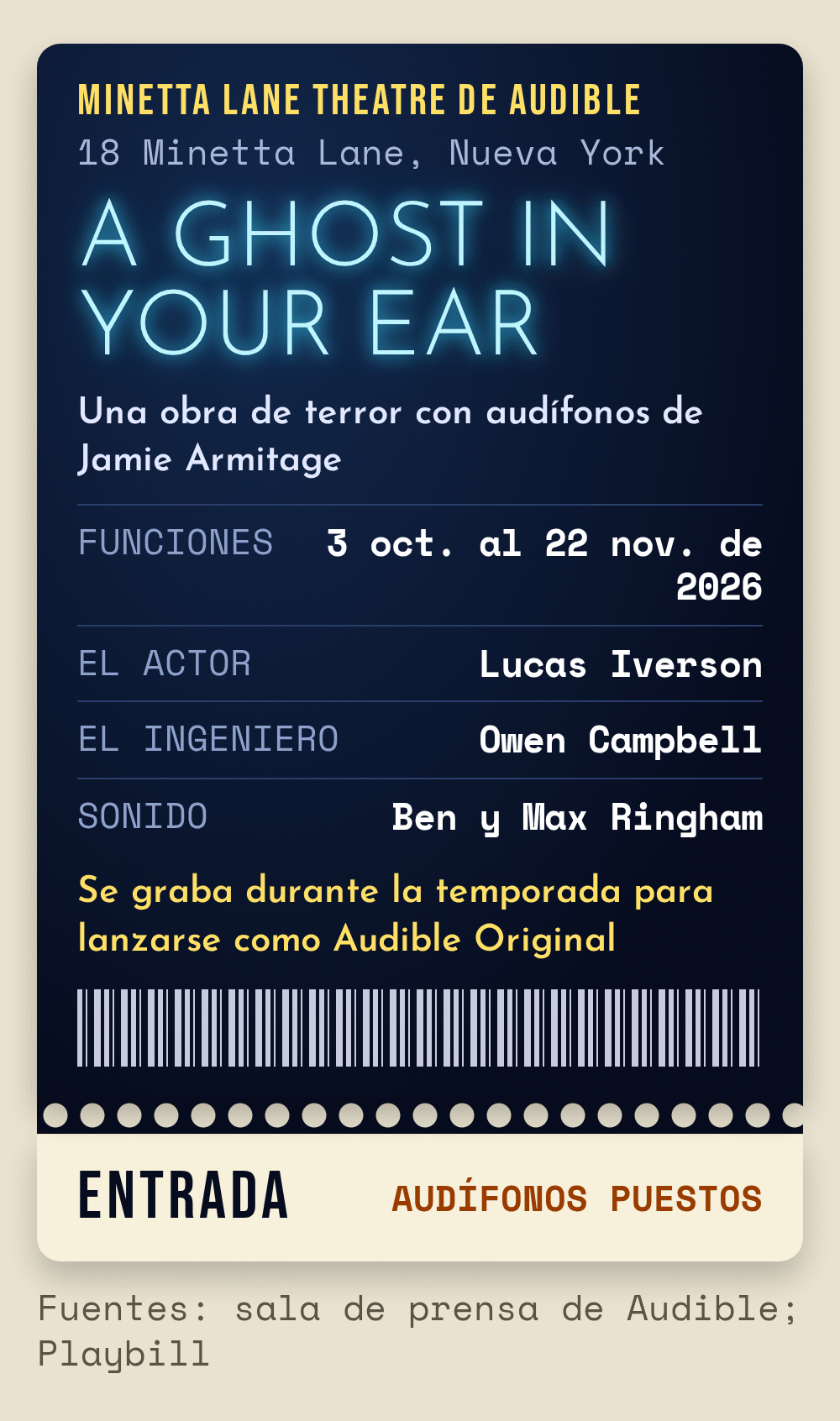 Gráfico con forma de boleto de teatro para A Ghost in Your Ear en el Minetta Lane Theatre de Audible, 18 Minetta Lane, Nueva York: funciones del 3 de octubre al 22 de noviembre de 2026, Lucas Iverson como el actor, Owen Campbell como el ingeniero, sonido de Ben y Max Ringham, grabada durante la temporada para lanzarse como Audible Original