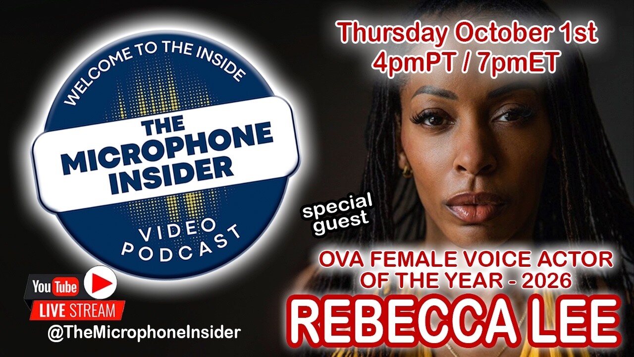 Rebecca Lee on the title card of The Microphone Insider video podcast episode about winning Voice Actor of the Year in 2026. Image: The Microphone Insider