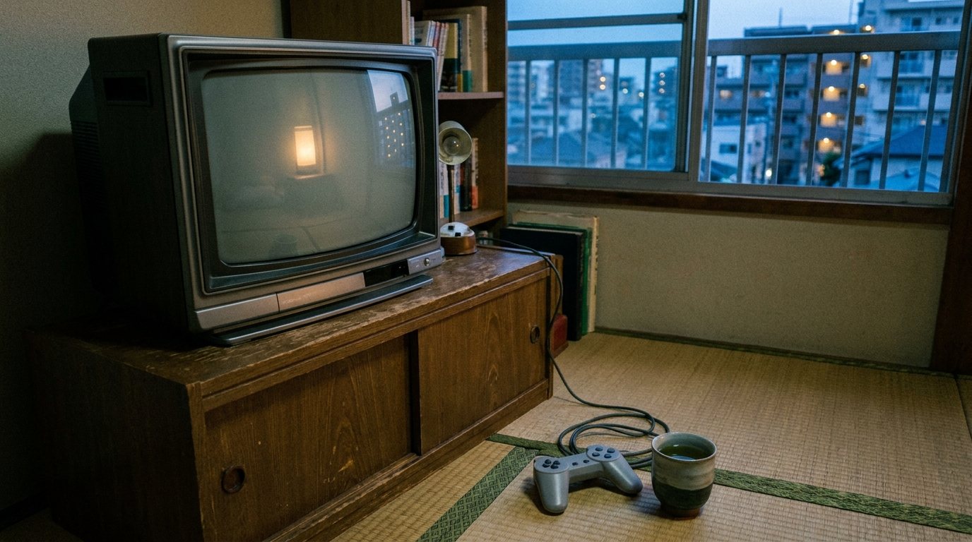 An old silver CRT television on a wooden cabinet in a small Tokyo apartment at dusk, with a grey game controller and a cup of green tea on the tatami mat © Voice Over Herald