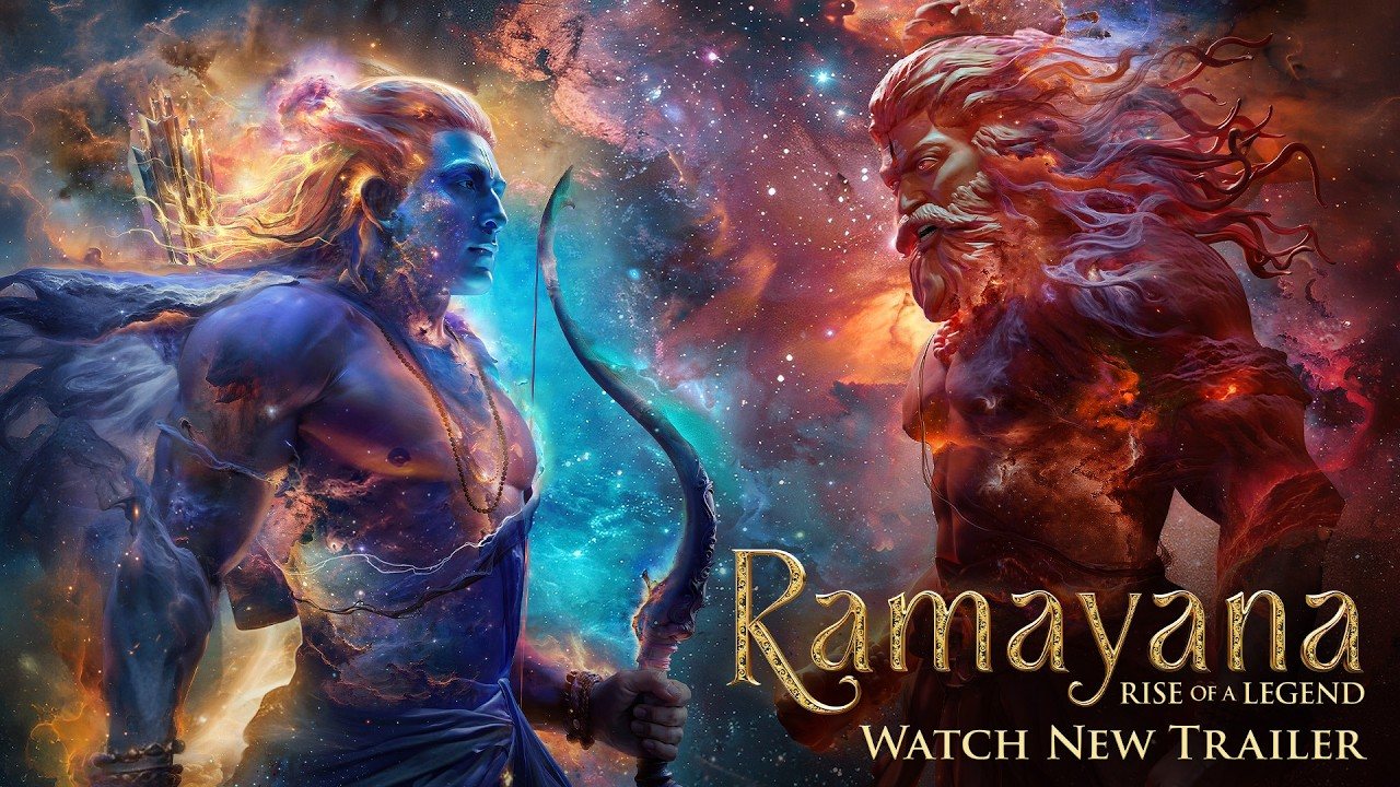 Official artwork for the new Ramayana: Rise of a Legend trailer, Rama in blue and Ravana in red facing each other against a star field. Image: Sony Pictures / Prime Focus Studios