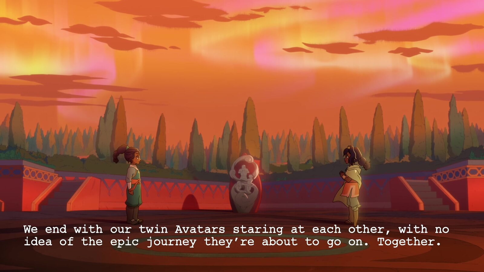 Pavi and Nisha face each other across a courtyard at sunset with the script's final line typed over the frame, from Paramount+'s script-to-screen reveal of Avatar: Seven Havens. Image: Paramount+