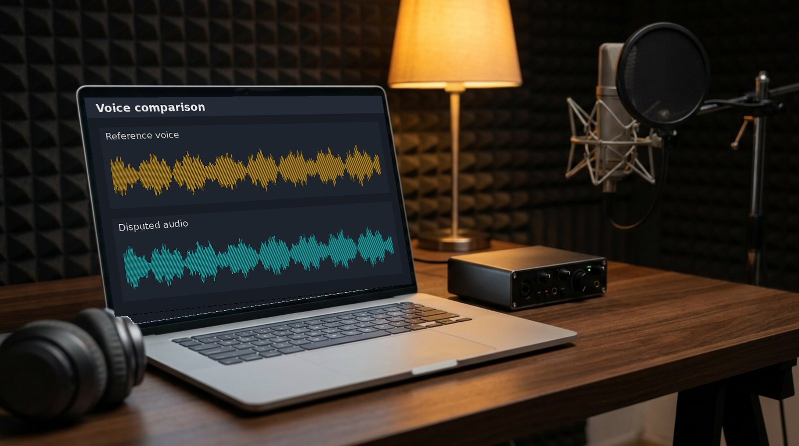 A laptop on a studio desk shows two audio waveforms labelled Reference voice and Disputed audio, beside headphones, a lamp and a studio microphone. Composite image: Voice Over Herald