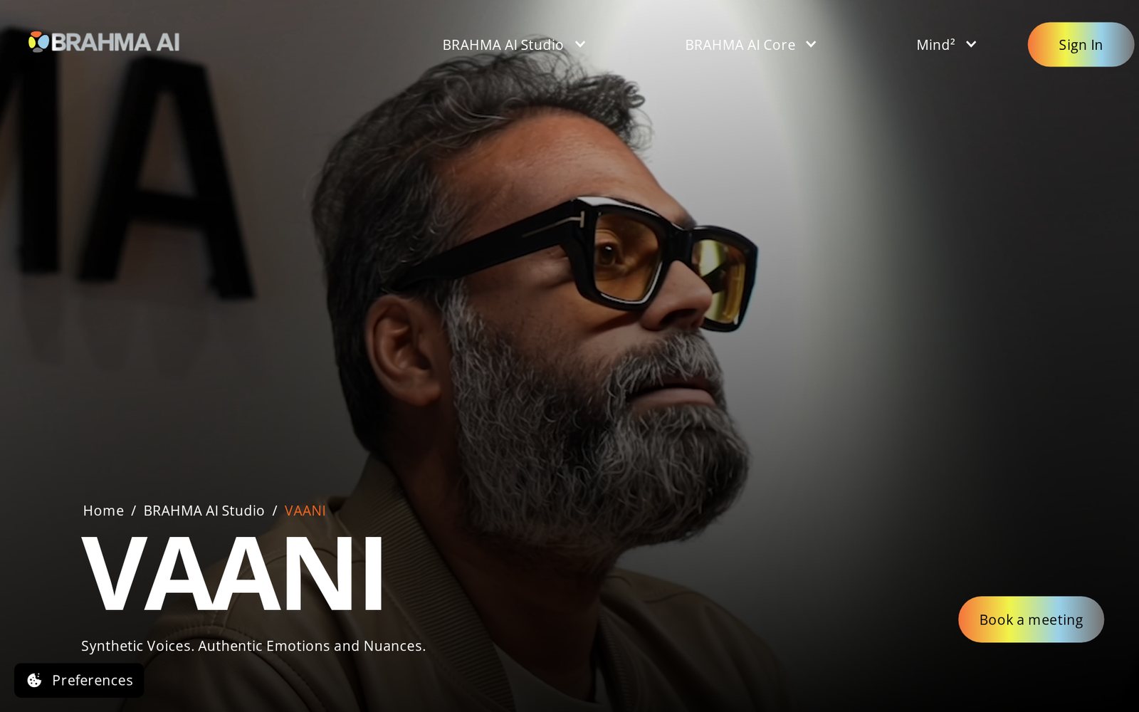 Screenshot of Brahma AI's VAANI product page with the line Synthetic Voices. Authentic Emotions and Nuances. Image: brahma.io
