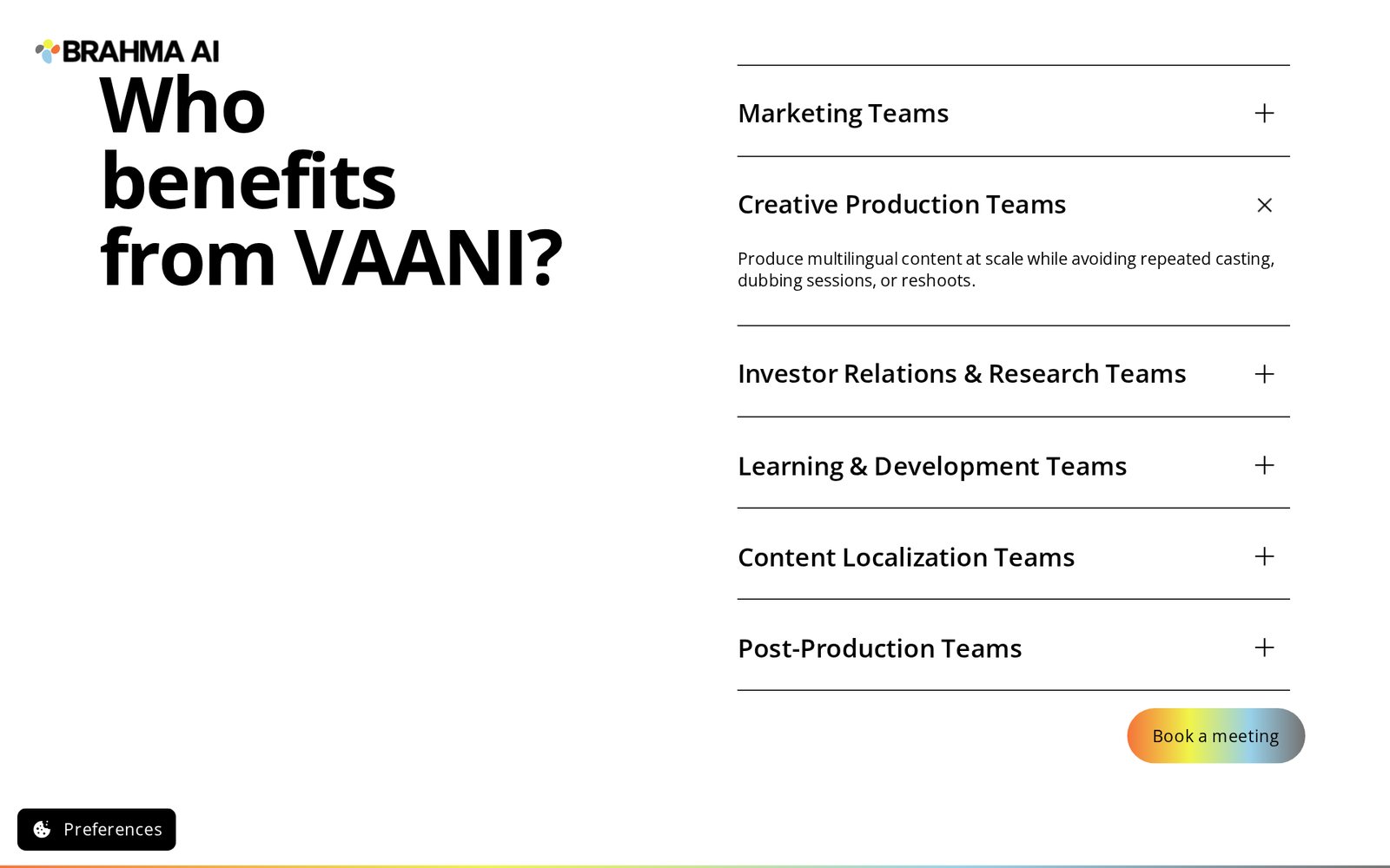 Captura de la sección Who benefits from VAANI? del sitio de Brahma AI, abierta en Creative Production Teams, que propone producir contenido multilingüe a escala evitando repetir castings, sesiones de doblaje o nuevas filmaciones. Imagen: brahma.io
