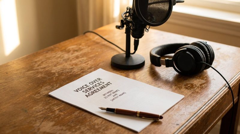 A voice over services agreement and a fountain pen on a studio desk. © Voice Over Herald
