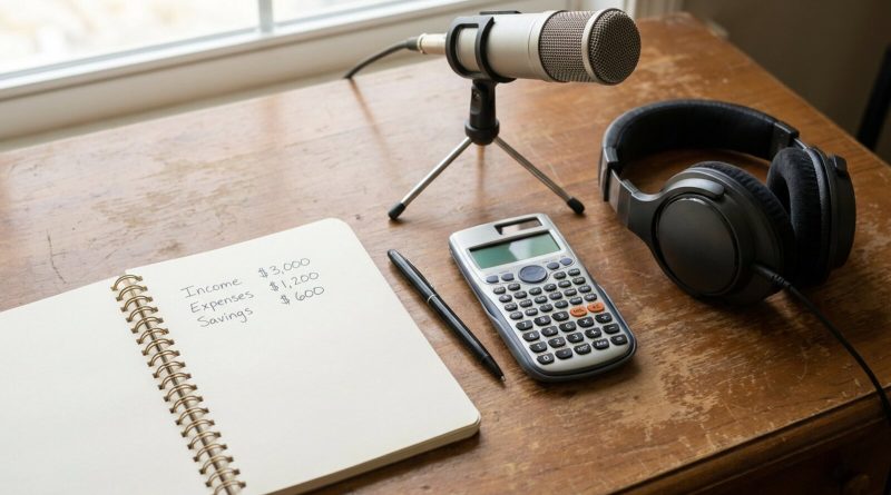 A notebook of monthly income and expenses beside a calculator in a home studio. © Voice Over Herald