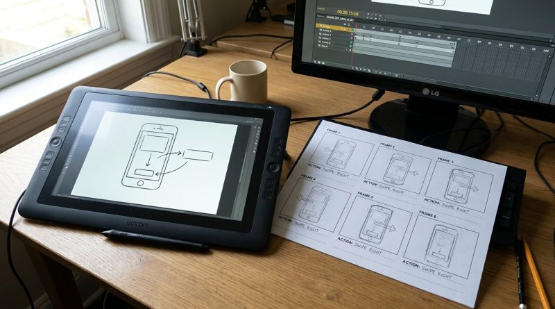 Storyboards for a phone app explainer video on an animator's desk. © Voice Over Herald