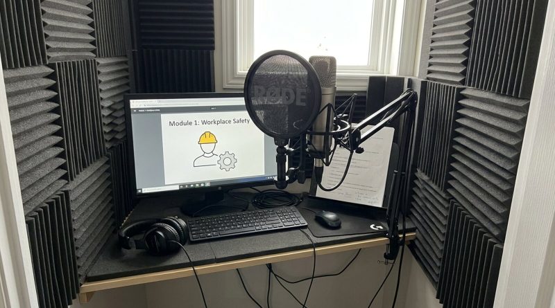 An e-learning course slide on screen in a narrator's home booth. © Voice Over Herald