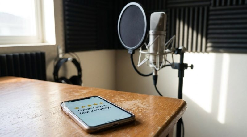 Un teléfono con una reseña de cinco estrellas en el escritorio de un locutor. © Voice Over Herald