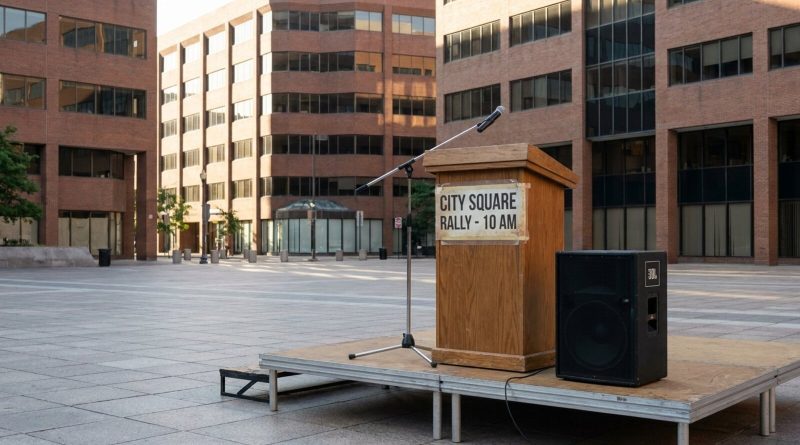 An empty podium and microphone set up for a rally in a city square. © Voice Over Herald