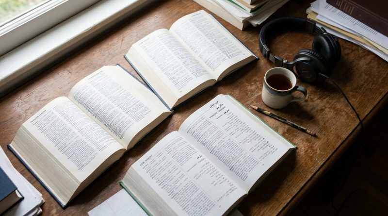 Open bilingual dictionaries and studio headphones on a translator's desk. © Voice Over Herald