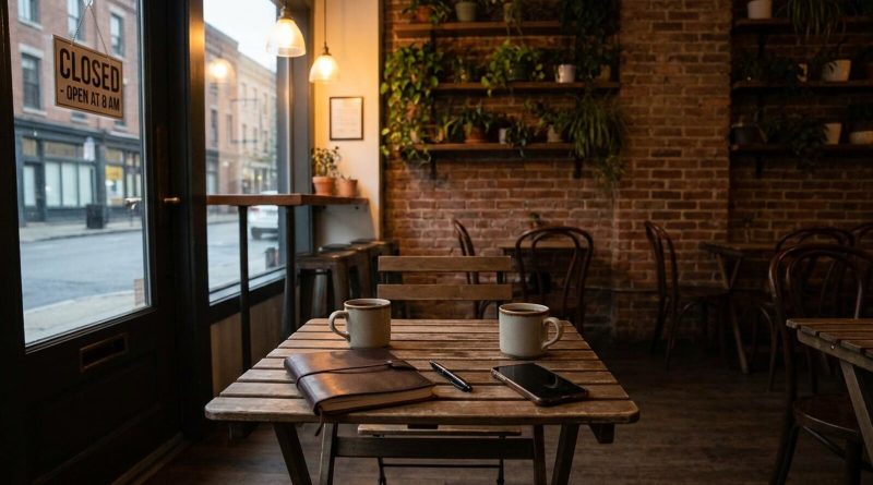 Two coffees and a notebook on a café table, ready for a business chat. © Voice Over Herald