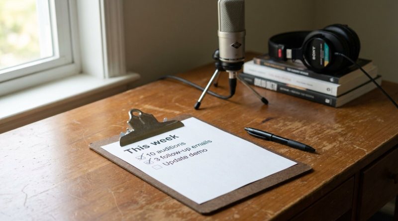 A weekly checklist of auditions and follow-ups on a clipboard in a home studio. © Voice Over Herald