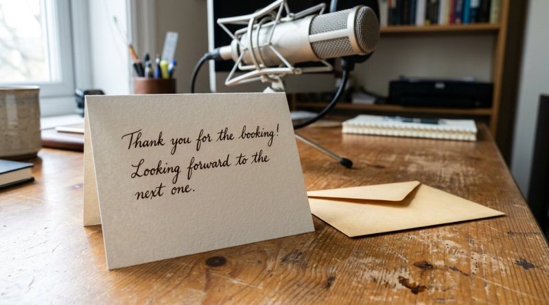 A handwritten thank-you card to a client on a voice actor's desk. © Voice Over Herald