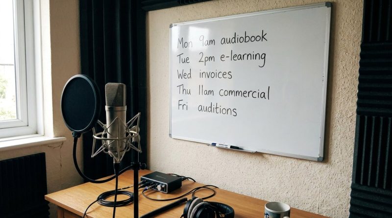 A whiteboard schedule of the week's voice-over sessions in a home studio. © Voice Over Herald