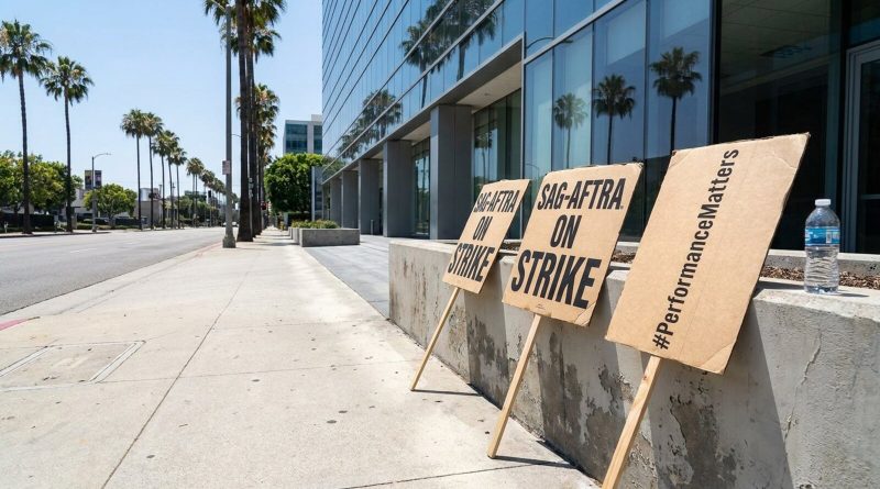 Picket signs reading SAG-AFTRA ON STRIKE and #PerformanceMatters outside an office building in Los Angeles. © Voice Over Herald