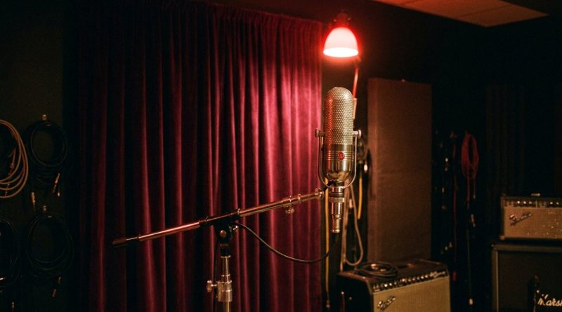 A vintage ribbon microphone under warm red studio light. © Voice Over Herald
