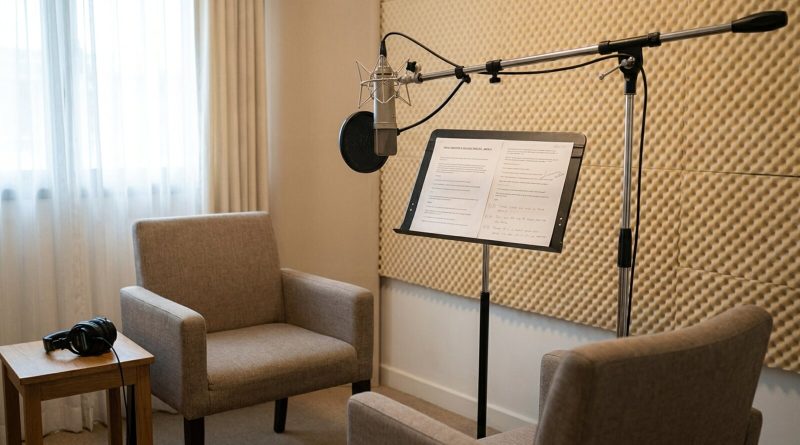 A voice coaching room with two chairs, a microphone and a practice script. © Voice Over Herald