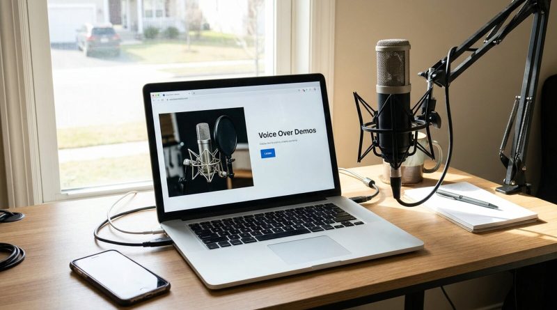 A laptop showing a voice actor's demo website on a home studio desk. © Voice Over Herald