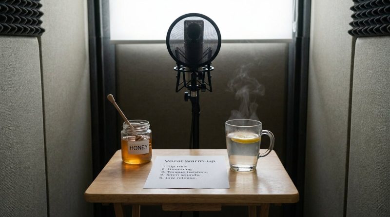 Honey, warm lemon water and a vocal warm-up list in a voice-over booth. © Voice Over Herald