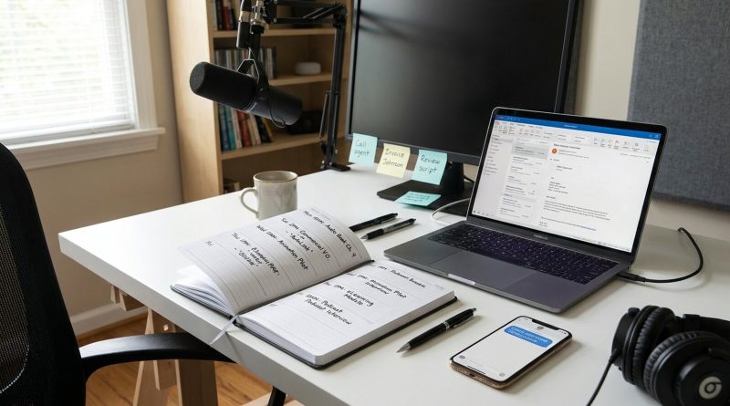 A voice actor's desk with a planner of bookings, sticky notes and a laptop. © Voice Over Herald