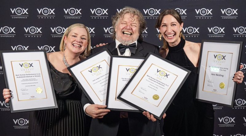 VOX Awards 2026 winners Nikki Mills, Phil Rowe and Jess Nesling holding their framed awards at the ceremony. Image: Jo Robbens Photography, courtesy of VOX Events Ltd