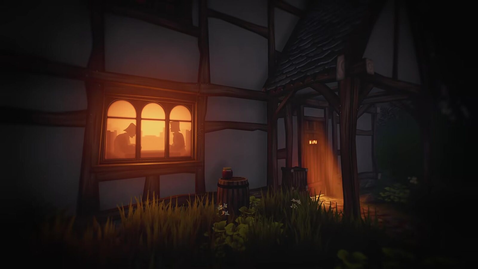 Una casa de entramado de madera de noche con una ventana iluminada en la que dos aldeanos conversan en silueta, en una escena del tráiler de presentación de Hunter's Moon. Imagen: Twin Swans, vía PlayStation