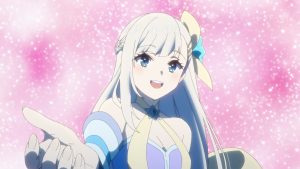 La diosa Noah sonríe y extiende la mano sobre un fondo rosa brillante, imagen del episodio 1 del anime Full Clearing Another World under a Goddess with Zero Believers. Imagen: Isle Osaki/OVERLAP/Zero Believers Production Committee