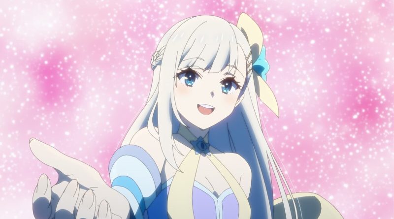 The goddess Noah smiles and holds out her hand against a pink sparkling background, a still from episode 1 of the Full Clearing Another World under a Goddess with Zero Believers anime. Image: Isle Osaki/OVERLAP/Zero Believers Production Committee