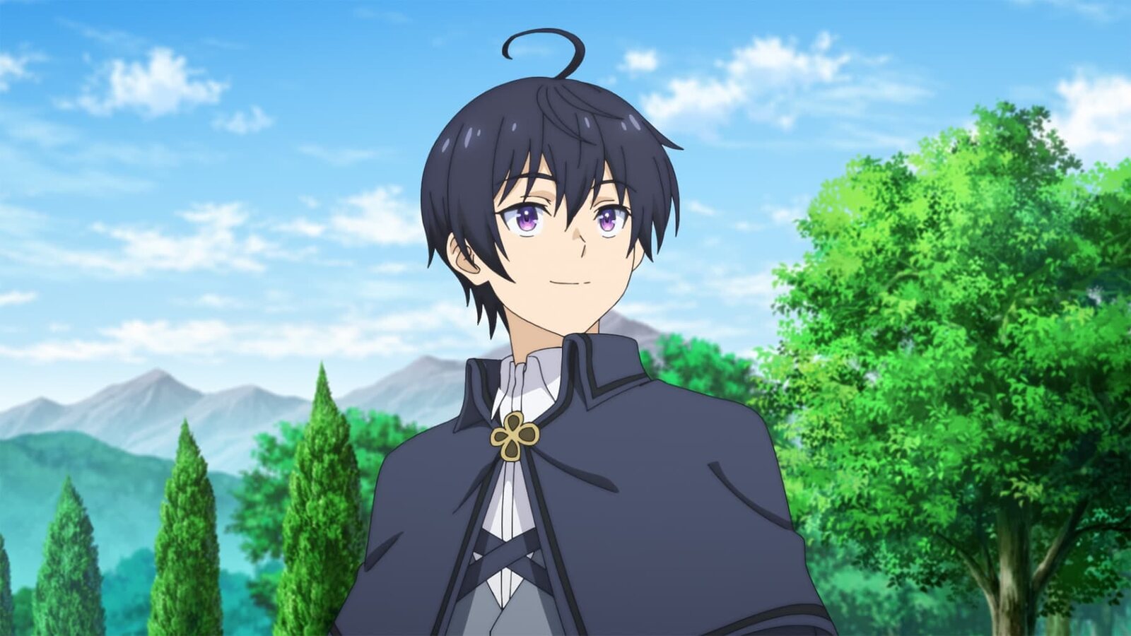 Makoto Takatsuki, con una capa oscura, de pie en un valle verde y soleado con montañas detrás, imagen del episodio 1. Imagen: Isle Osaki/OVERLAP/Zero Believers Production Committee