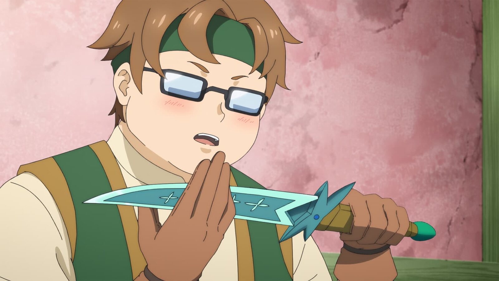 Fujiyan, in glasses and a green headband, appraises Makoto's teal dagger with a startled look, a still from episode 2. Image: Isle Osaki/OVERLAP/Zero Believers Production Committee