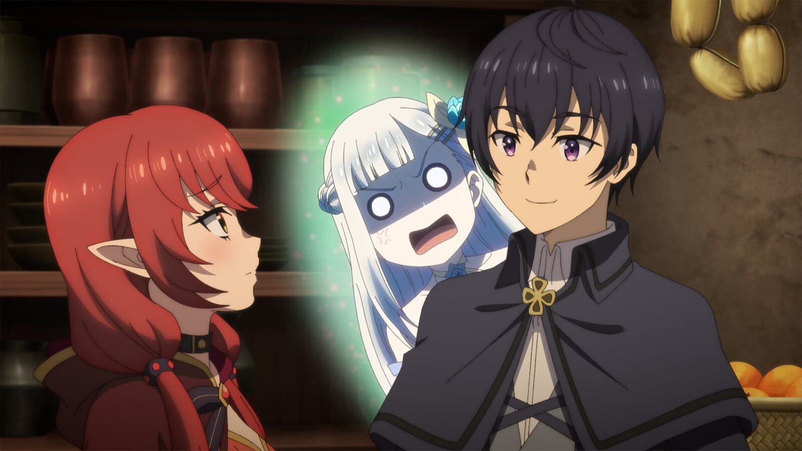 The elf mage Lucy turns to Makoto in a shop while a pale, ghostly Noah peers over his shoulder, a still from episode 3. Image: Isle Osaki/OVERLAP/Zero Believers Production Committee